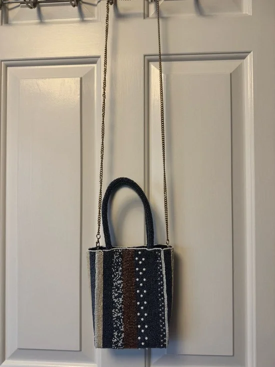 Maeve Beaded Mini Tote in Blue, Brown & Cream - Picture 2 of 2